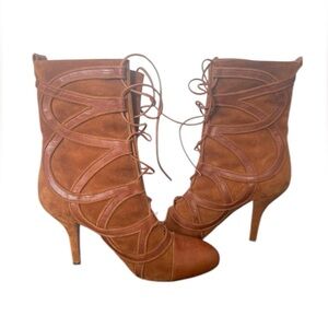 EMANUEL UNGARO Paris Cognac Suede & Leather Heeled Lace Up Boots EUR 39/US 8.5
